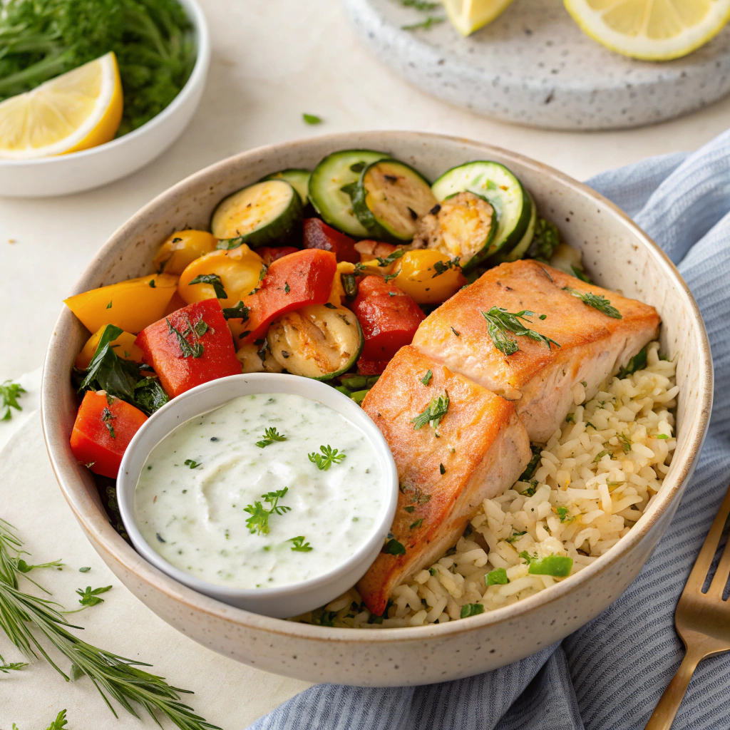 lachs-bowl-mit-ofengem-se-cremigem-joghurtdip-zu